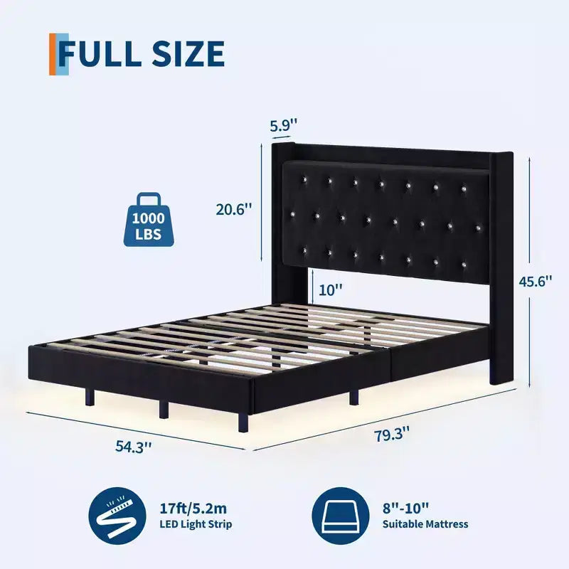 Full/Queen Floating Platform Bed with Wingback Headboard and Storage Shelf, Upholstered Modern Bed Frame, No Box Spring Needed, Easy Assembly