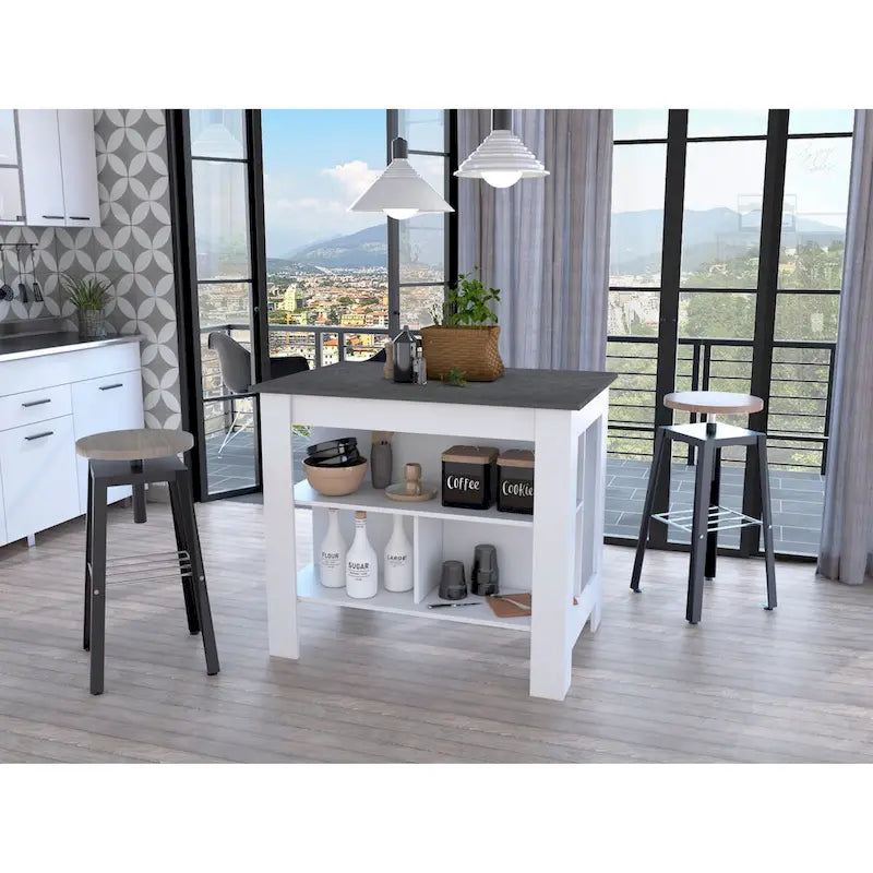 Transitional Kitchen Island with Dark Onyx Top and 3 Open Shelves