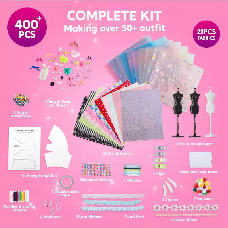 Joyfy 400+ PCS Fashion Design Kit for Girls- DIY Sewing Kit with 3 Mannequins for Aged 8-12, Creative Art & Crafts, Perfect Birthday Christmas Gifts
