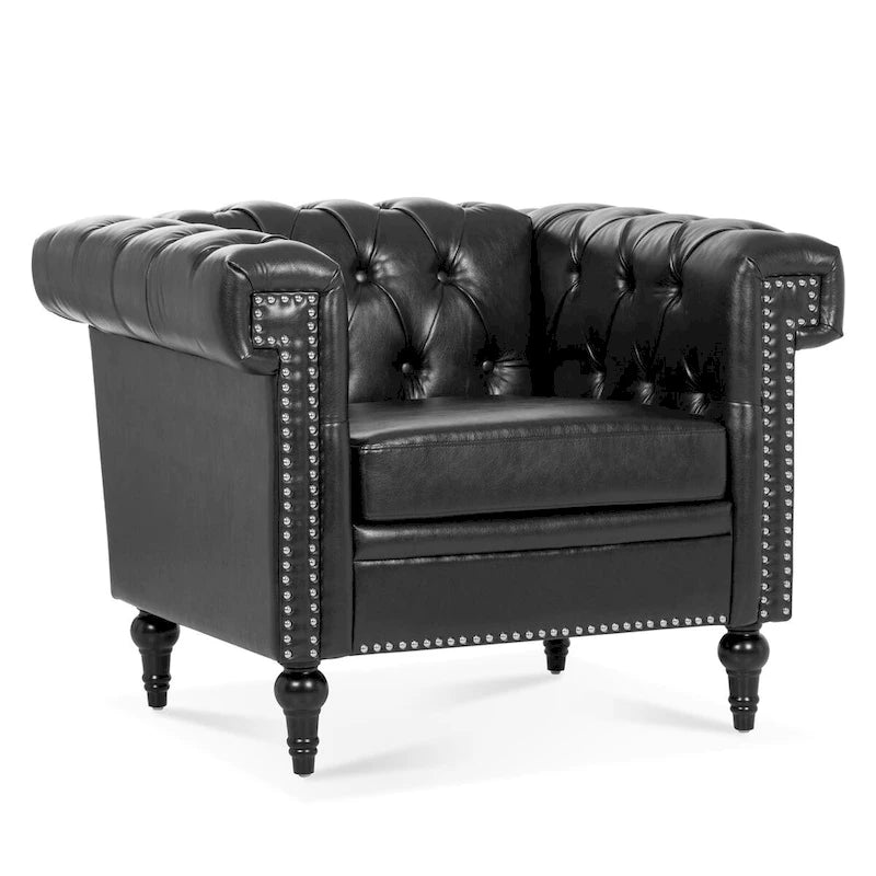 PU Leather Accent Arm Chair with Silver Stud Trim and Wood Legs