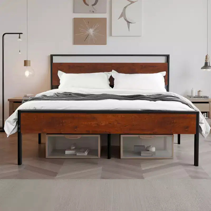 VEVOR Queen Size Bed Frame, Black Metal Platform Bed Frame with Retro Brown Wooden Headboard and Footboard, Large Under-Bed Storage, Brown