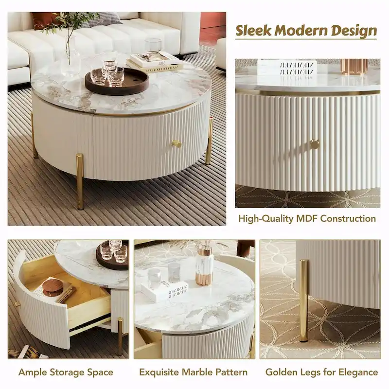 31.5 Modern Round Coffee Table with Large Drawer Storage