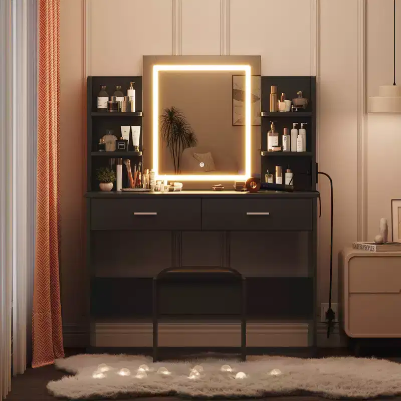 Makeup Vanity Desk with Mirror, Vanity Table and Chair Set with 2 Storage Drawer 4 Shelves, 3 Lighting Modes, for Living Room, Home
