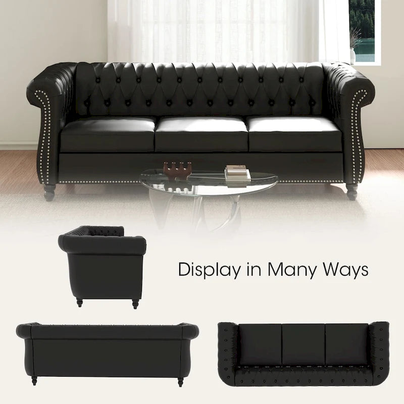 84 Mid-Century Modern 3-Seater Chesterfield Sofa, PU Leather, Birch Legs, 660 lbs