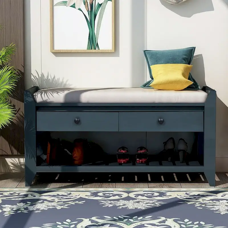 Wooden Storage Bench with Shoe Rack and Drawers