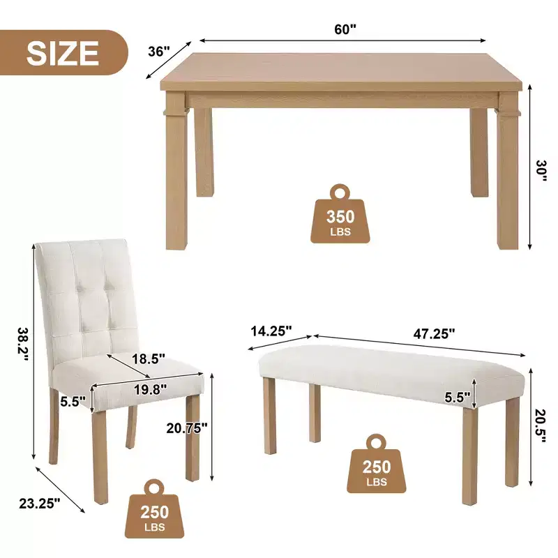 Wood Dining Table Set with Bench for 6, 6 Pieces Rectangle Kitchen Set with 4 Upholstered Chairs for Dining Room