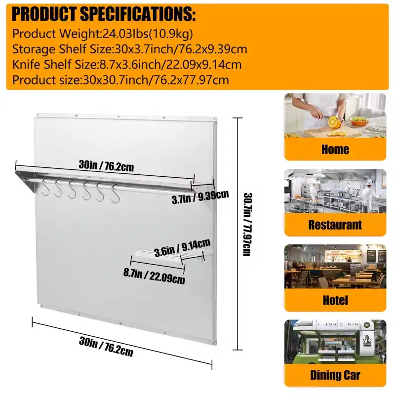 Stainless Steel Range Backsplash with Storage Shelf & Knife Racks, Wall Mount Guard with Pre-Installation Holes