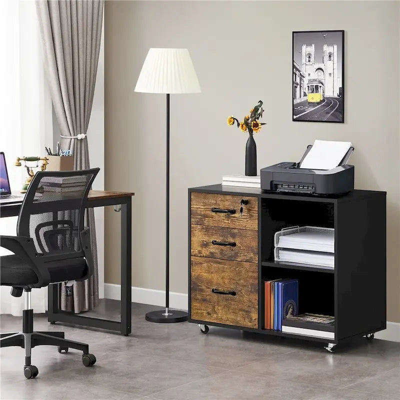 Rolling File Cabinet on with 3 Drawers and 2 Shelves