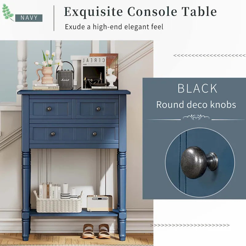 Narrow Console Table with Drawers and Bottom Shelf