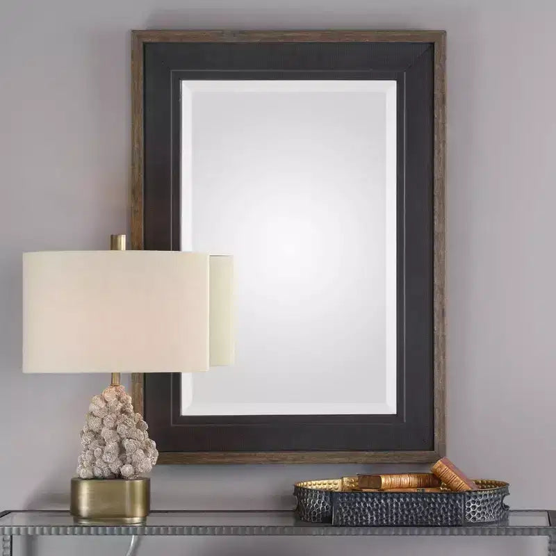 Rectangular Vanity Accent Wall Mirror, Rustic Beveled Black Aged Bronze Wood Frame, 30 Wide