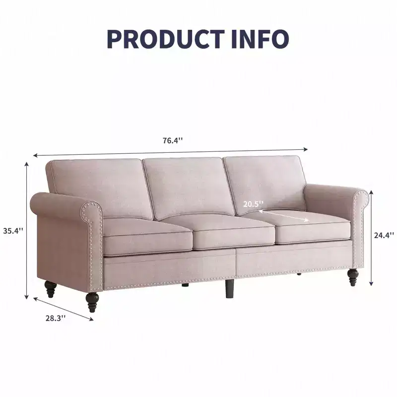 Mjkone Linen Fabric Modern 3-Seater Sofa Couch with Rivet Design