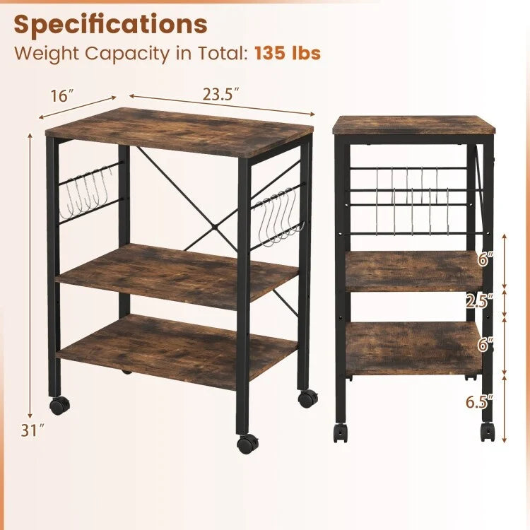 Rustic Brown 3-Tier Rolling Baker's Rack Microwave Cart with S-Hooks