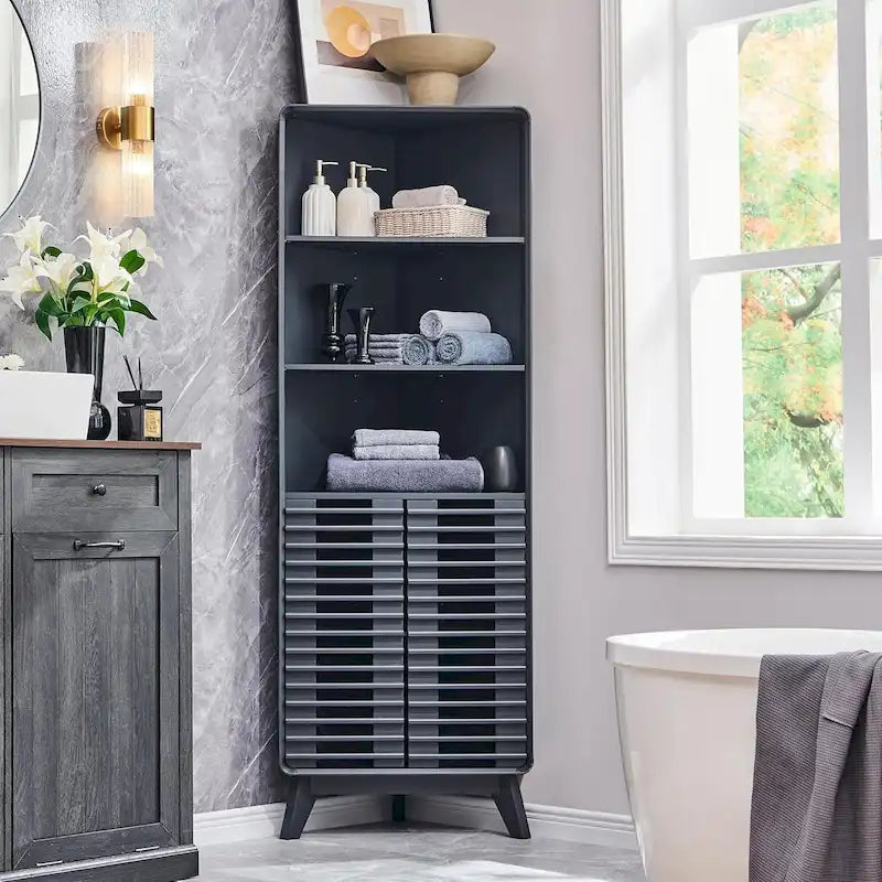 68 in. Slatted Door Tall Corner Cabinet, Mid-Century Style