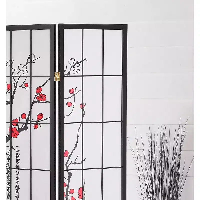 4 Panel Room Divider, Plum Blossom Black, Foldable Privacy Screen for Home Office