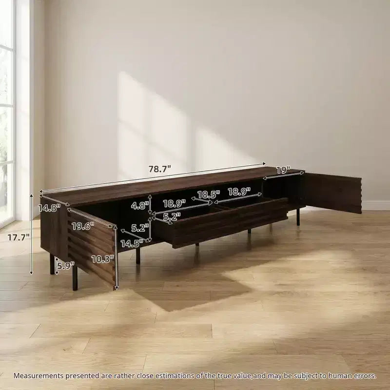 JVNOXK 78-inch Modern TV Stand, suitable for TVs up to 85 inches, featuring enclosed storage space, cable management, and iron legs, walnut