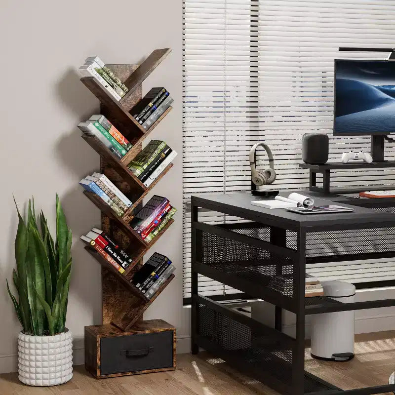 MAYEERTY 9 Tier Tree Bookshelf with Drawer Bookshelf Modern Book Storage Free Standing Tree Bookshelf Rustic Brown for Living Room Bedroom