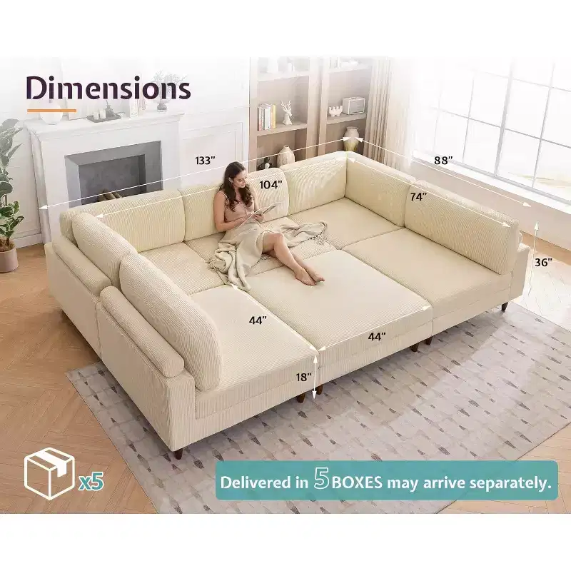AMERLIFE Modular Sectional Sofa with 44 Extra Deep Seat, Oversized 6-Seater Couch
