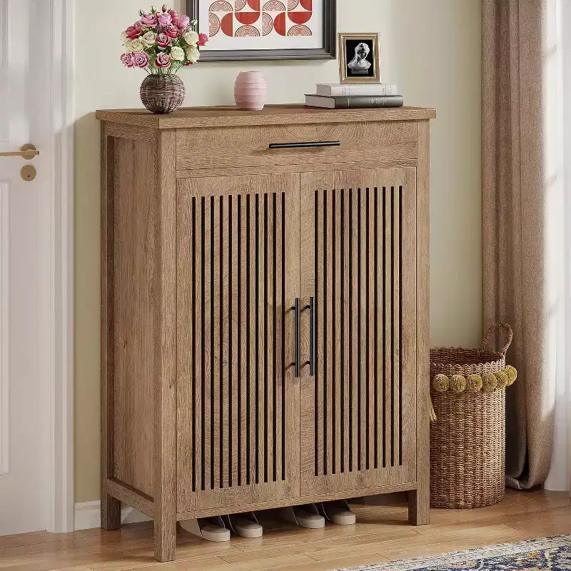 5-Tier Shoe Storage Cabinet with Louvered Doors and Drawer, Shoe Rack Organizer with Adjustable Shelves for Entryway, Hallway, Closet, Natural