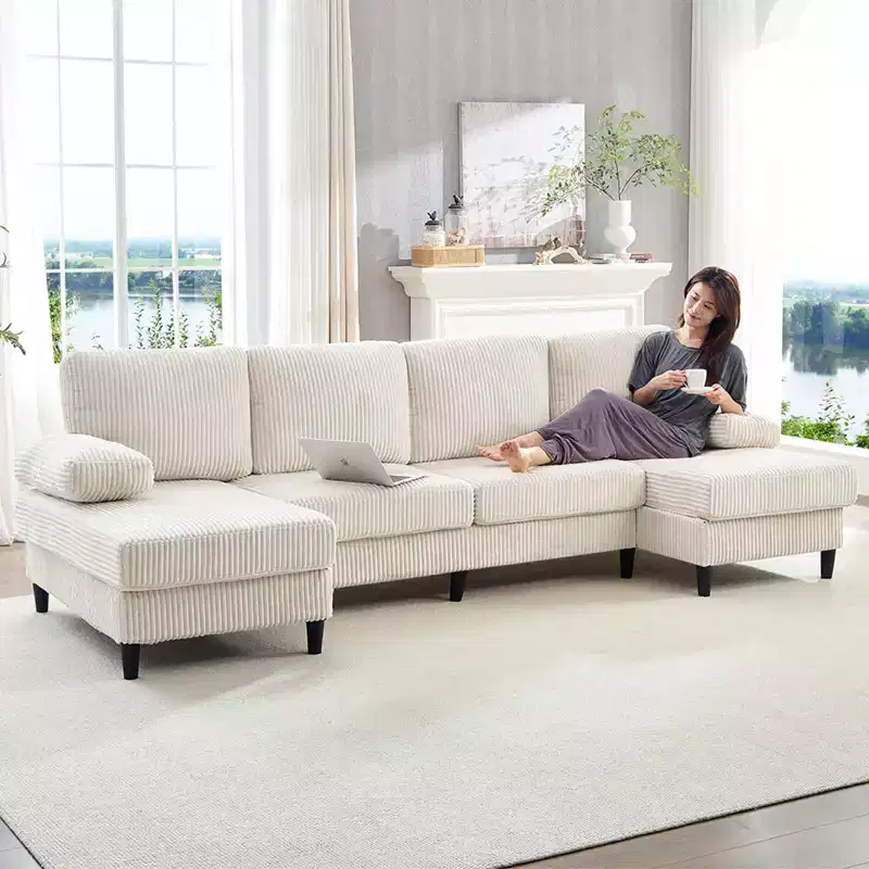 Mjkone 110 U-Shaped Sectional Sofa Couches with Double Chaises and Sleepable Armrests,Corduroy Upholstered 4-Seater Sofa