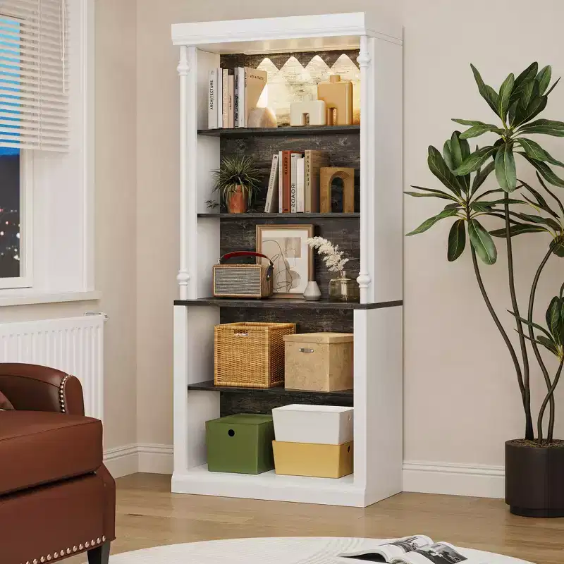 White Bookshelf with Adjustable Shelves, 5-Tier Display Cabinet with LED Light