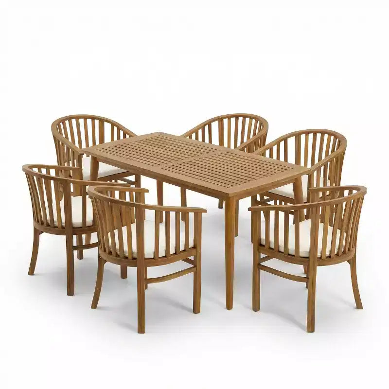 Christopher Knight Home Estrella Modern 7 Piece Patio Acacia Dining Set with Slatted Table and Cushions
