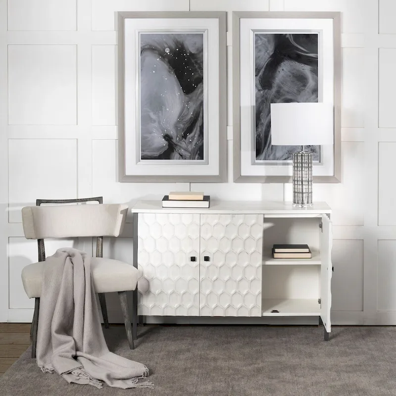Savannah II White Fir Veneer w/ Iron Frame & 3 Doors Accent Cabinet - 47.2L x 15.7W x 31.5H