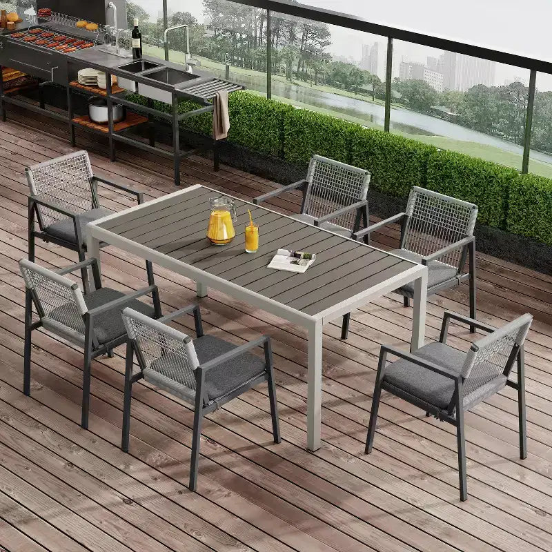 Christopher Knight Home Brooks 7 pcs Outdoor Aluminum and Wood Dining Set with Woven Rope, Gray/Black/Silver