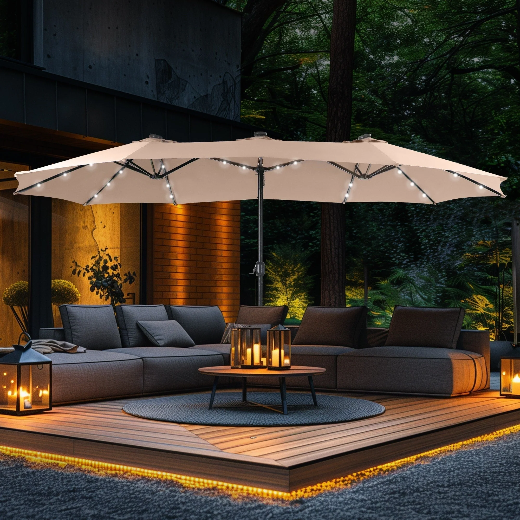 Parasol de marché d'extérieur rectangulaire de 4,57 m (15 pieds) à manivelle, double face, avec éclairage solaire LED et base incluse.