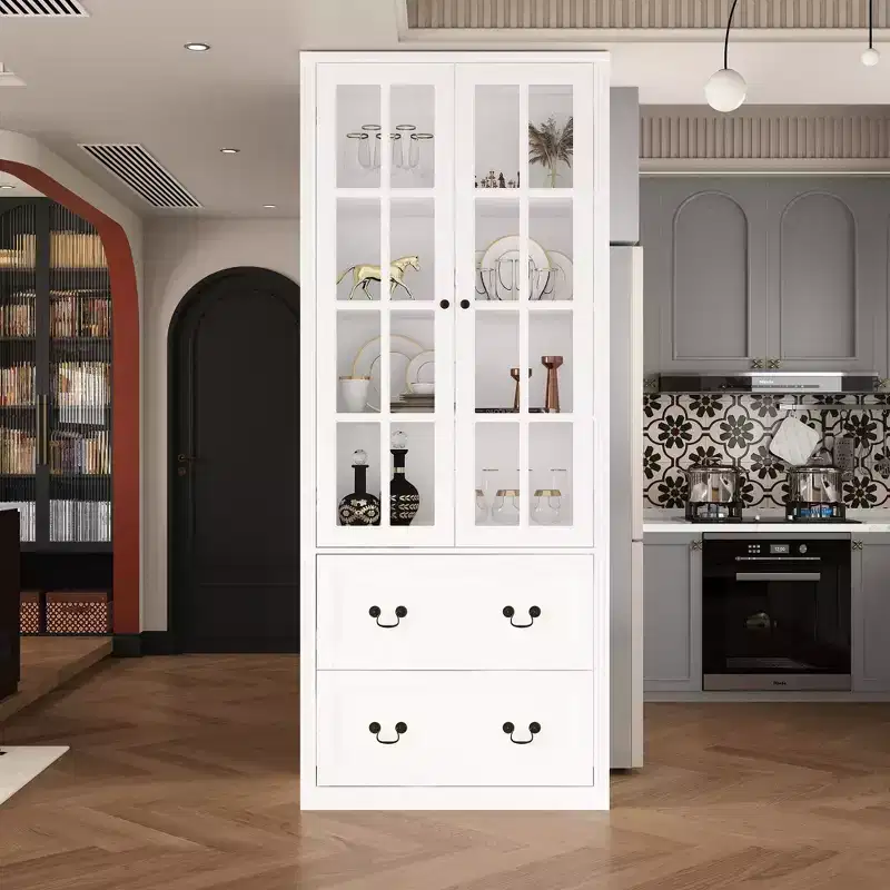 Famapy 31.5''W Glass Doors Bookcase Display Cabinet Wooden Pantry Organizer