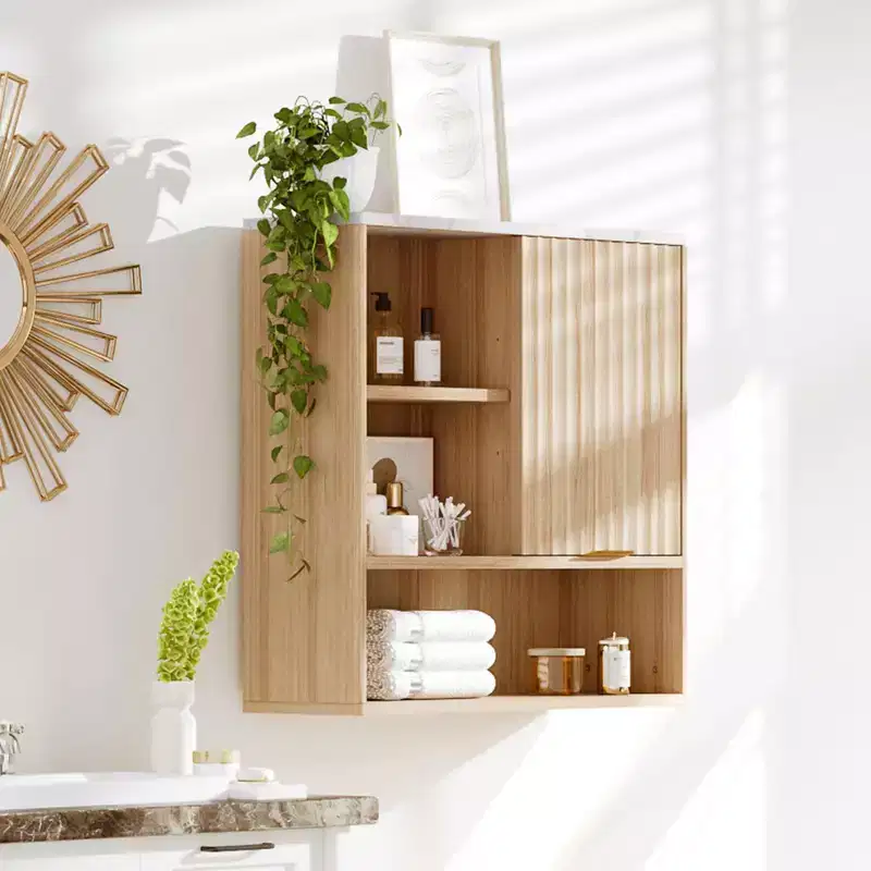 Modern Fluted Wall Cabinet with Sliding Door - Faux Marble Top & Adjustable Shelf, Curved Medicine Storage for Bathroom,Laundry Room