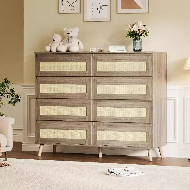 8-Drawer Rattan Dresser Natural Finish Wooden Storage Cabinet for Bedroom Nursery Living Room Entryway