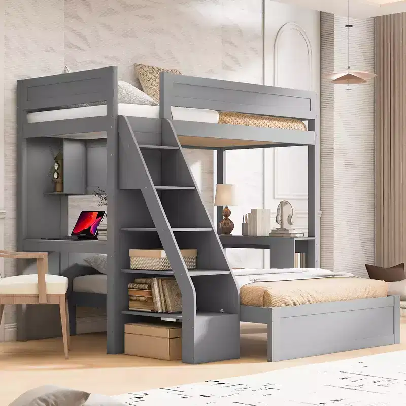 Twin XL Over Full Bed & Bed Frame with Desk and USB