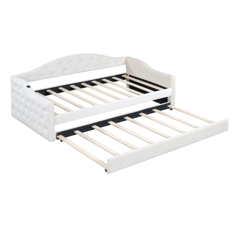 Twin Size Tufted Upholstered Daybed with Trundle �C Velvet Sofa Bed with USB & Type-C Charging Ports, No Box Spring Needed