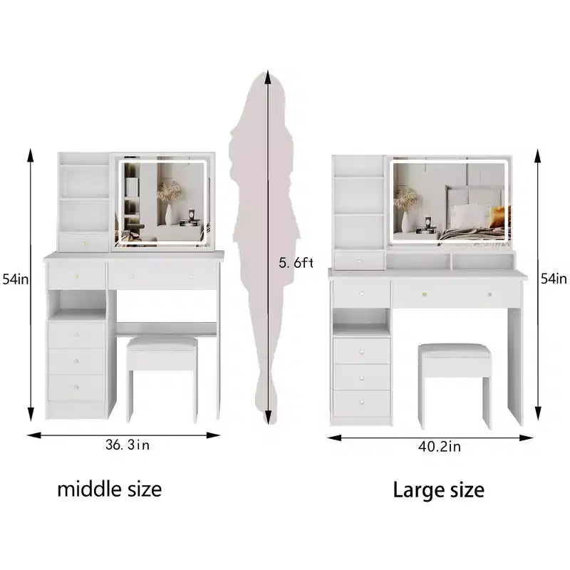 41-Inch Natural Makeup Vanity Desk with Touch-Control LED Mirror, Organized Storage, Matching Stool for Bedroom