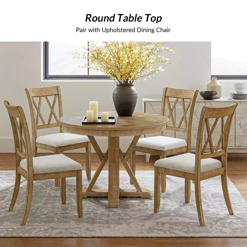 Rustic Farmhouse Natural Solid Wood Round Cross-buck Base Dining Table for 4