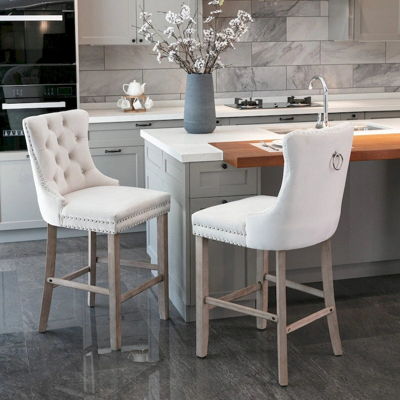 Velvet Upholstered Barstools with Button-Tufted Back, Nailhead Trim and Solid Wood Legs