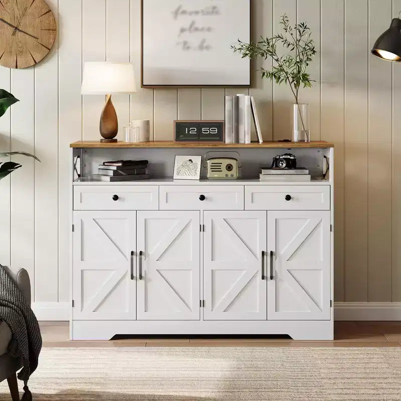 51 Farmhouse Buffet Cabinet, Sideboard Buffet Cabinet with 3 Drawers, Open Shelf and Charging Station, Coffee Bar Station for Kitchen, Dining Room