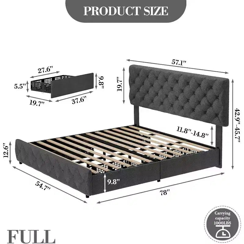 Full Size Bed Frame with 4 Storage Drawers & Headboard,Linen Upholstered Platform Bed Frame,Stylish Diamond Tufted Design, No Box Spring Needed |Grey