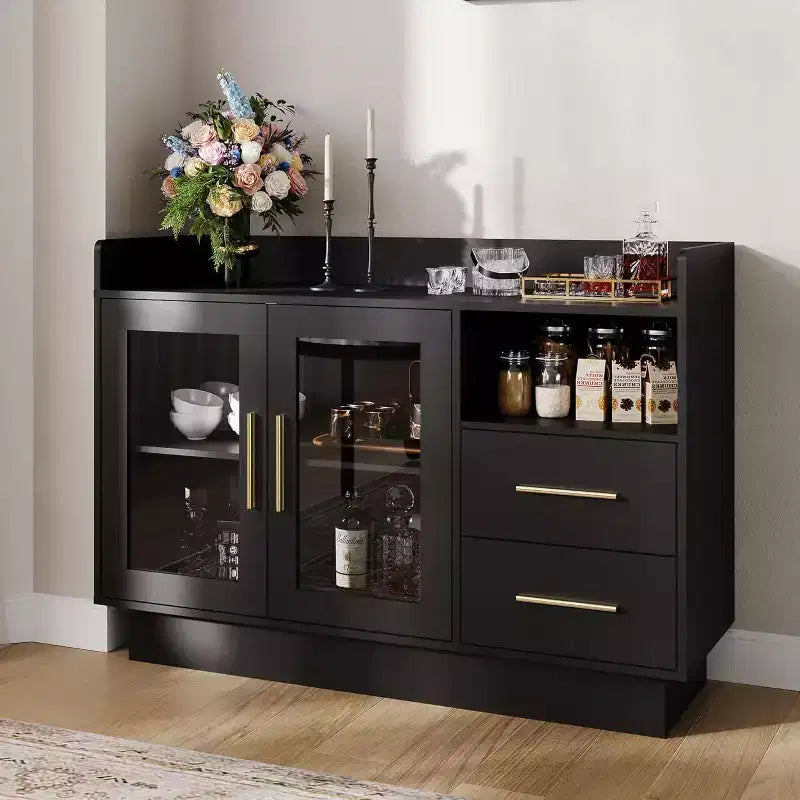 Wine Cabinet, Coffee Bar Station with Double Glass Doors, Black Liquor Storage Cabinet for Kitchen Living Room