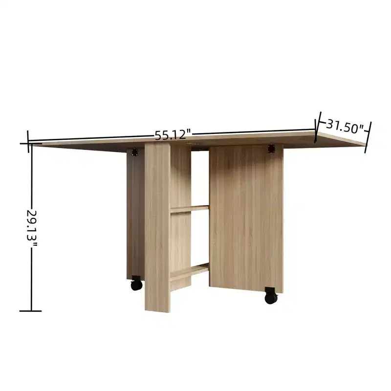Versatile Folding Dining Table with 2 Wheels and 2 Storage Racks, Space Saving Rectangular Table for Kitchen Dining Room Living Room, Natural