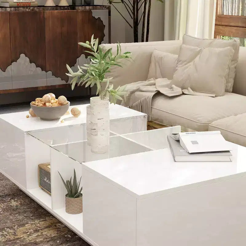 White High-Gloss LED Coffee Table with Drawer & Open Compartments