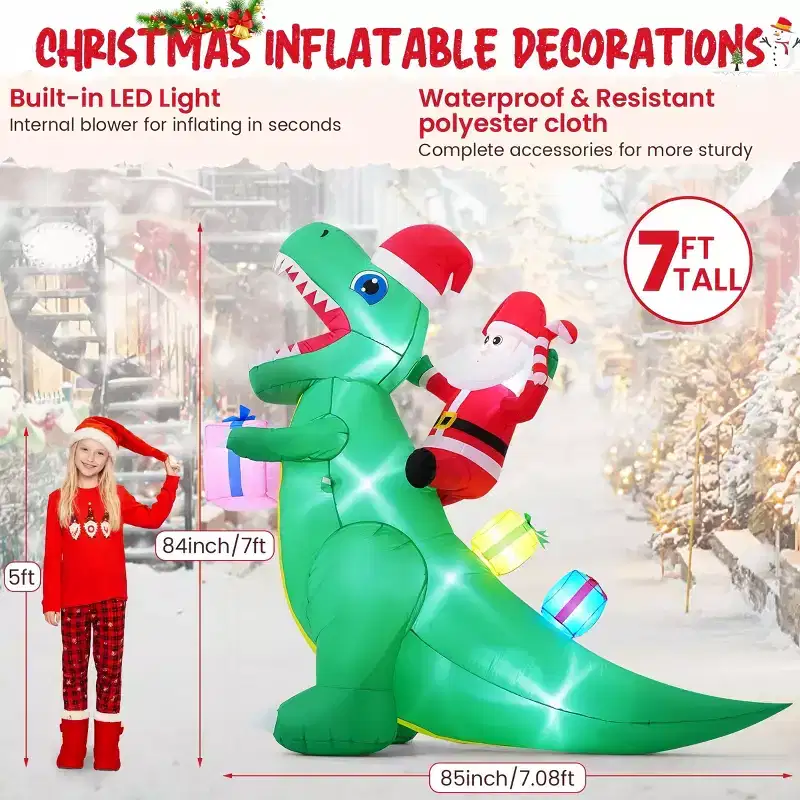 HOMDOX 7  3.25  7 FT Christmas Inflatable Santa Claus Decor with Dinosaur, Blow ups Decorations Outdoor with Built-in LEDs for Home Holiday Decor
