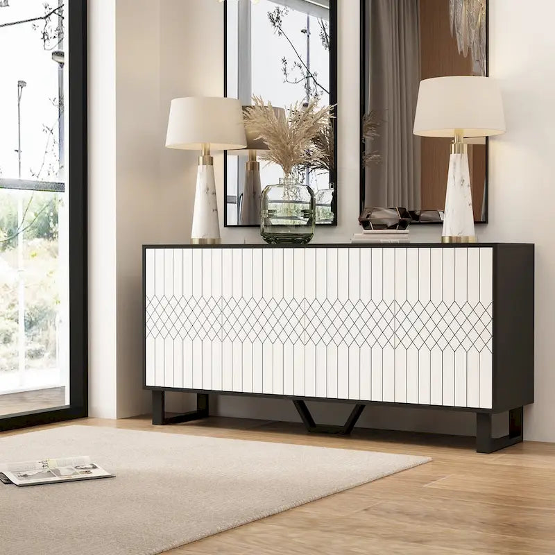 Modern 4 Door Bookmatch Buffet 63inch Black White End Table Sideboard