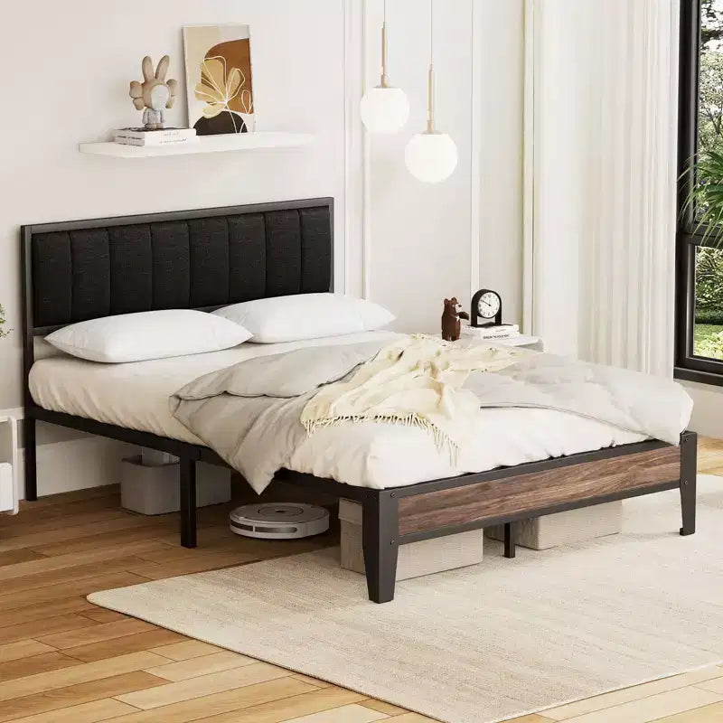 Lusimo Full Metal Platform Bed Frame with Fabric Upholstered Headboard Easy Assembly
