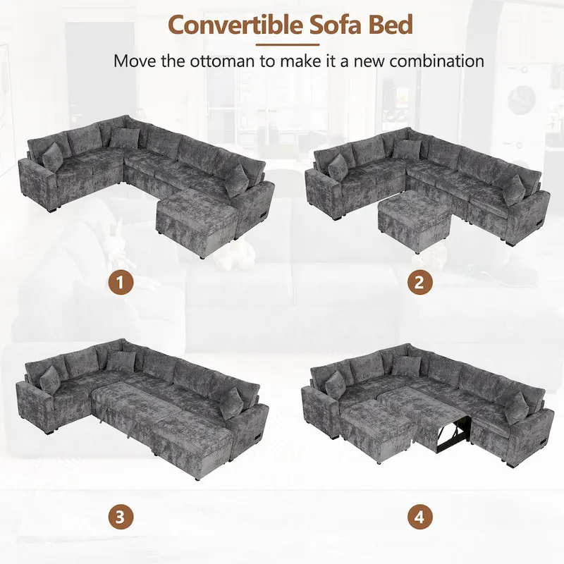 Chenille Sectional Sofa Pull-out Sofa Bed, L-Shape Sleeper Sofa with Storage Ottoman, 3 Pillows and Charging Devices