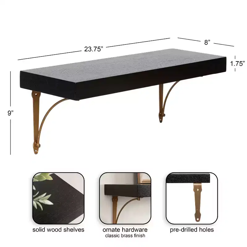 Kate and Laurel Hatley Floating Shelf Set, Black, 2pc 24 inch