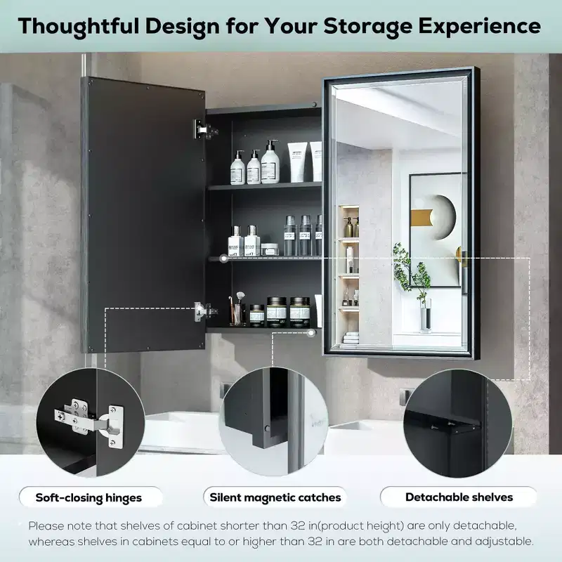 36 in. W x 32 in. H Metal Framed Recessed/Surface Mount Medicine Cabinet with Mirror - Black