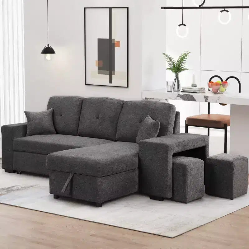 Reversible L-Shape Sleeper Sectional Sofa with Storage Chaise, Side Shelf & 2 Stools - Pull-Out Sofa Bed for Living Room