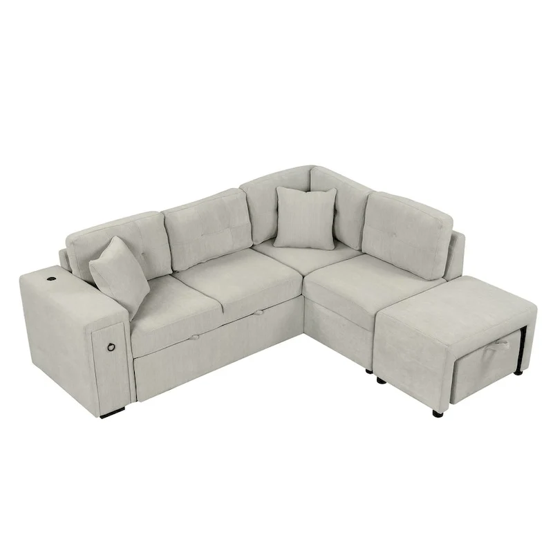 L-Shaped 4-Seat Sectional Sofa with Pull-Out Bed, Ottoman, USB Ports & Drop-Down Table