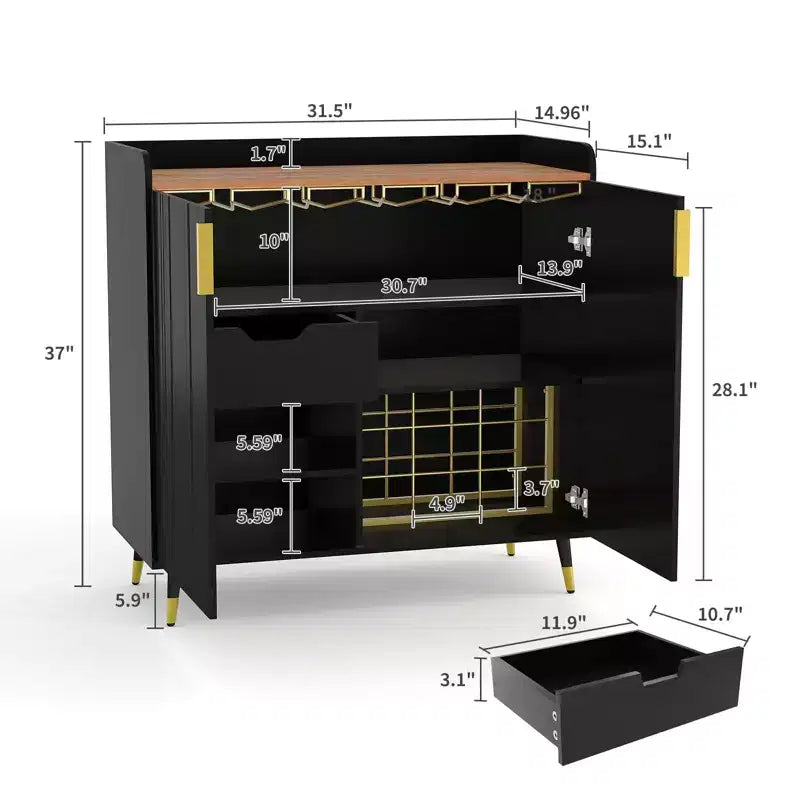 Black Small Sideboard Buffet Cabinet, Fluted Doors, Built-in Wine Rack for Dining or Living Room